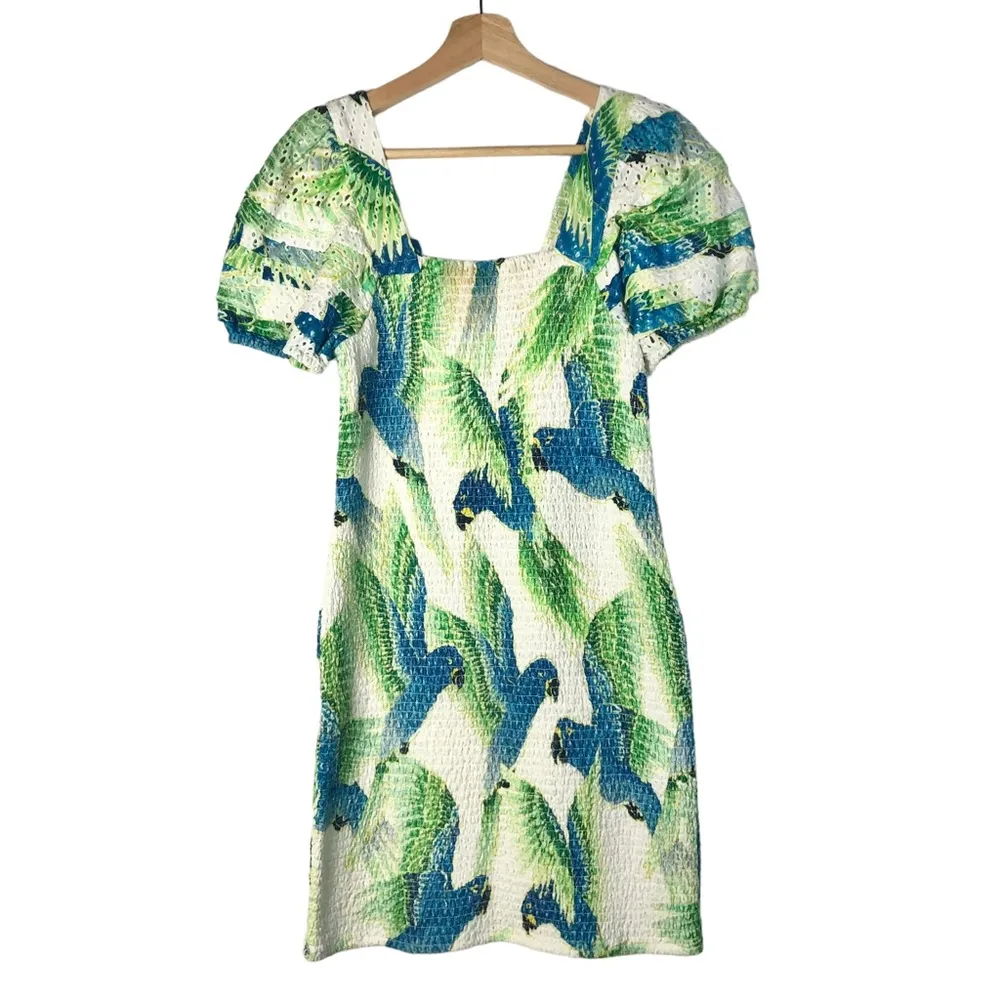 Farm Rio Araras Mini Dress White Blue Parrot Smocked Dress M - Image 53