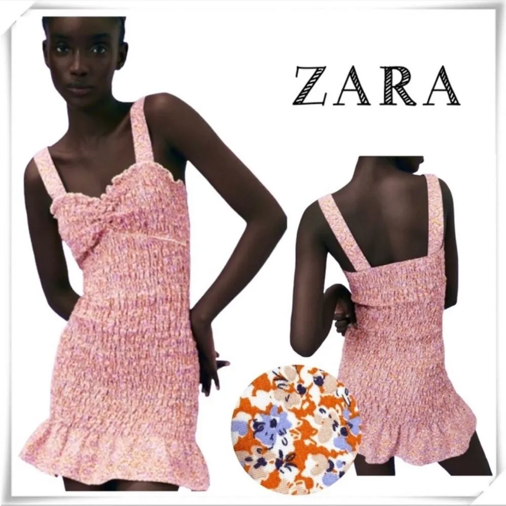 Zara Floral Ditsy Orange Lilac Smocked Sleeveless Minidress, EUC, Size Medium - Image 3