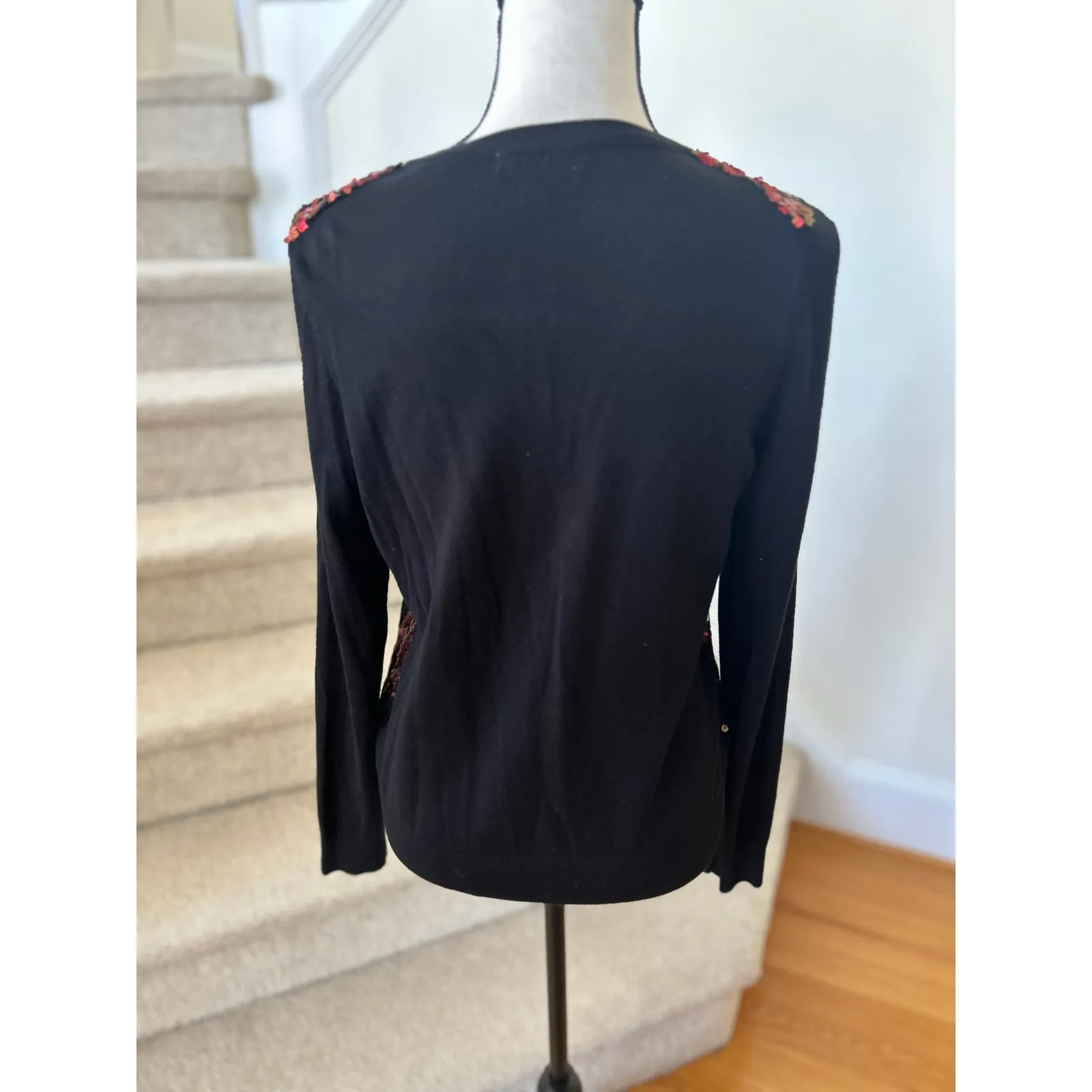 Charter Club Black Red & Gold Sequin Floral Button Down Long Sleeve Cardigan - Image 6