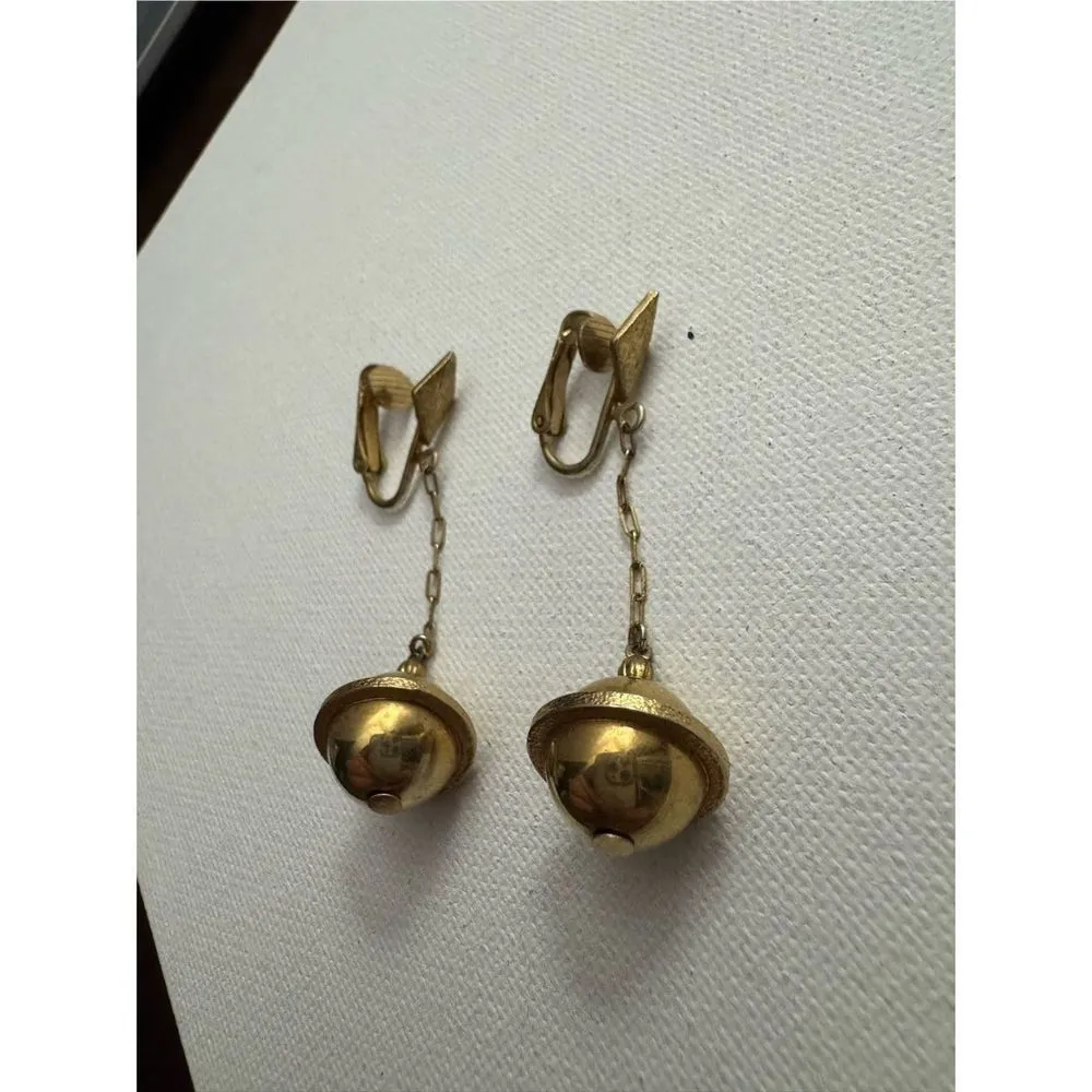 Vintage Womens Gold Tone‎ Dangle Chain Clip On Bell Drop Earrings 80's 90's - Image 2