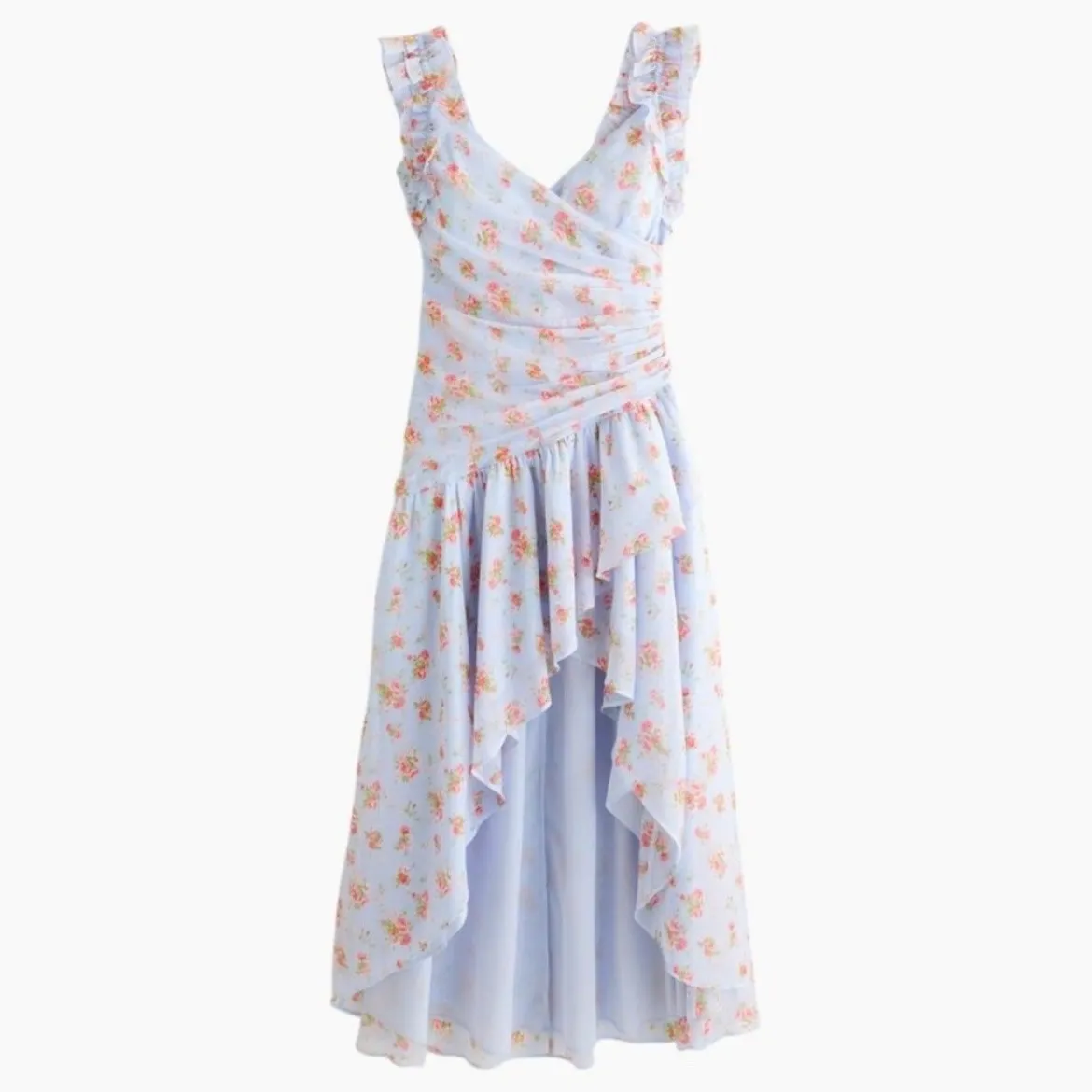 Abercrombie & Fitch Light Blue Floral Print Ruffle High Low Midi Dress Med NWT - Image 3