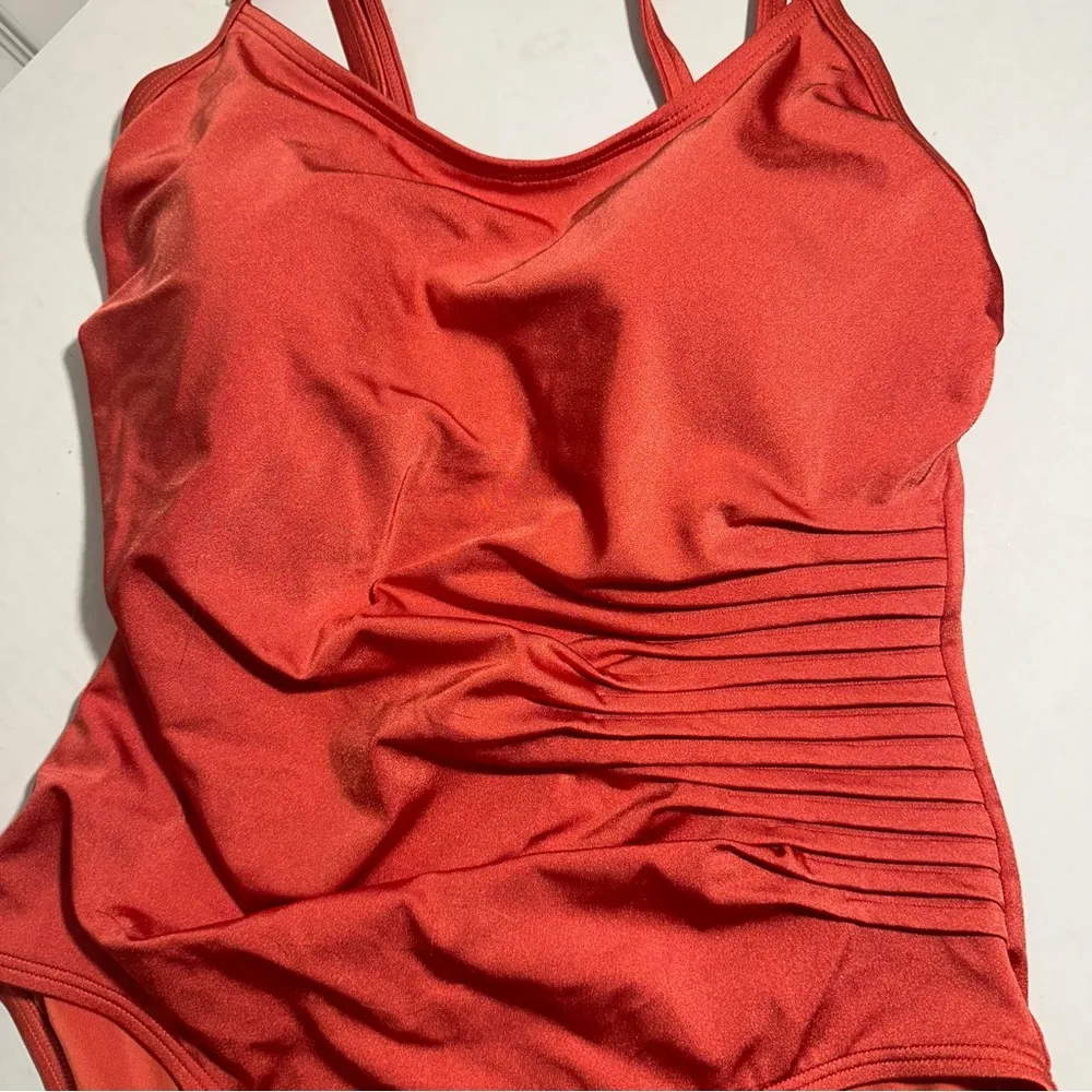 Calvin Klein Orange One Piece Swimsuit with Adjustable Straps and Ruching - Image 3