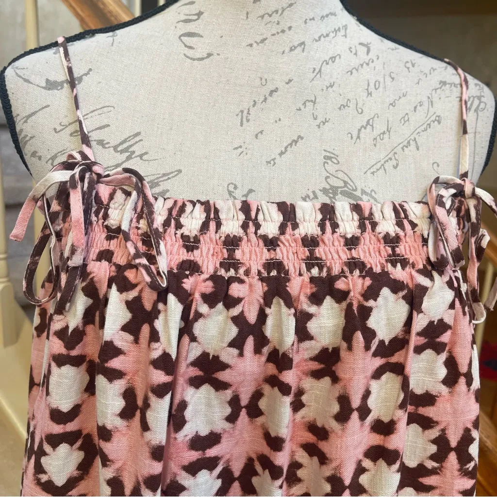 LOFT Geometric Print Linen blend Smocked Swing Tank Top Pink White Brown Size L - Image 4