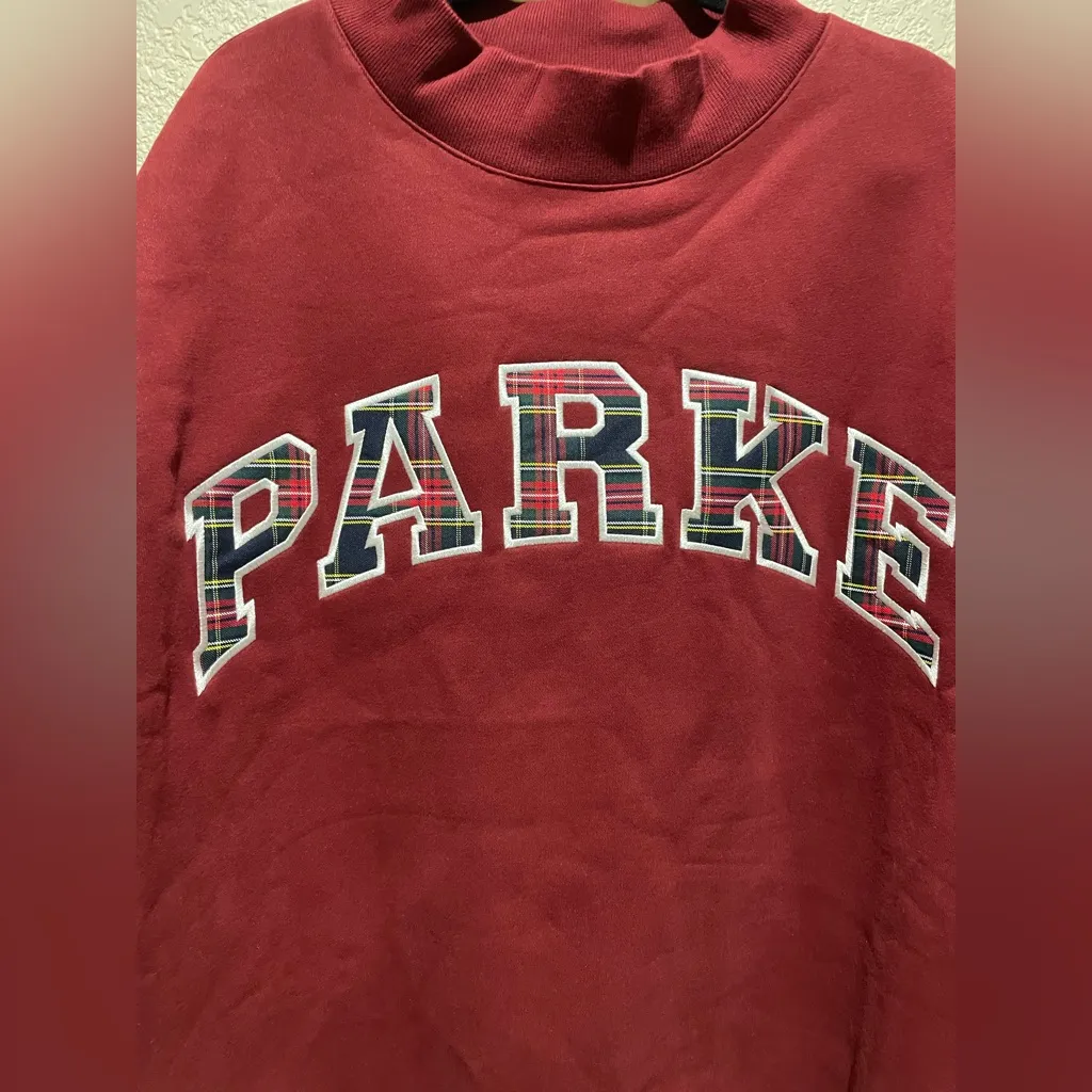 PARKE Holiday Plaid Varsity Mockneck Pullover Sweatshirt NWOT Maroon Size L XL - Image 5
