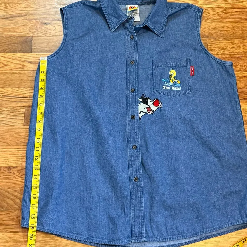 90s Looney Tunes Women’s 18 - 20 W Plus Size Cotton Denim Sleeveless Button Down - Image 6