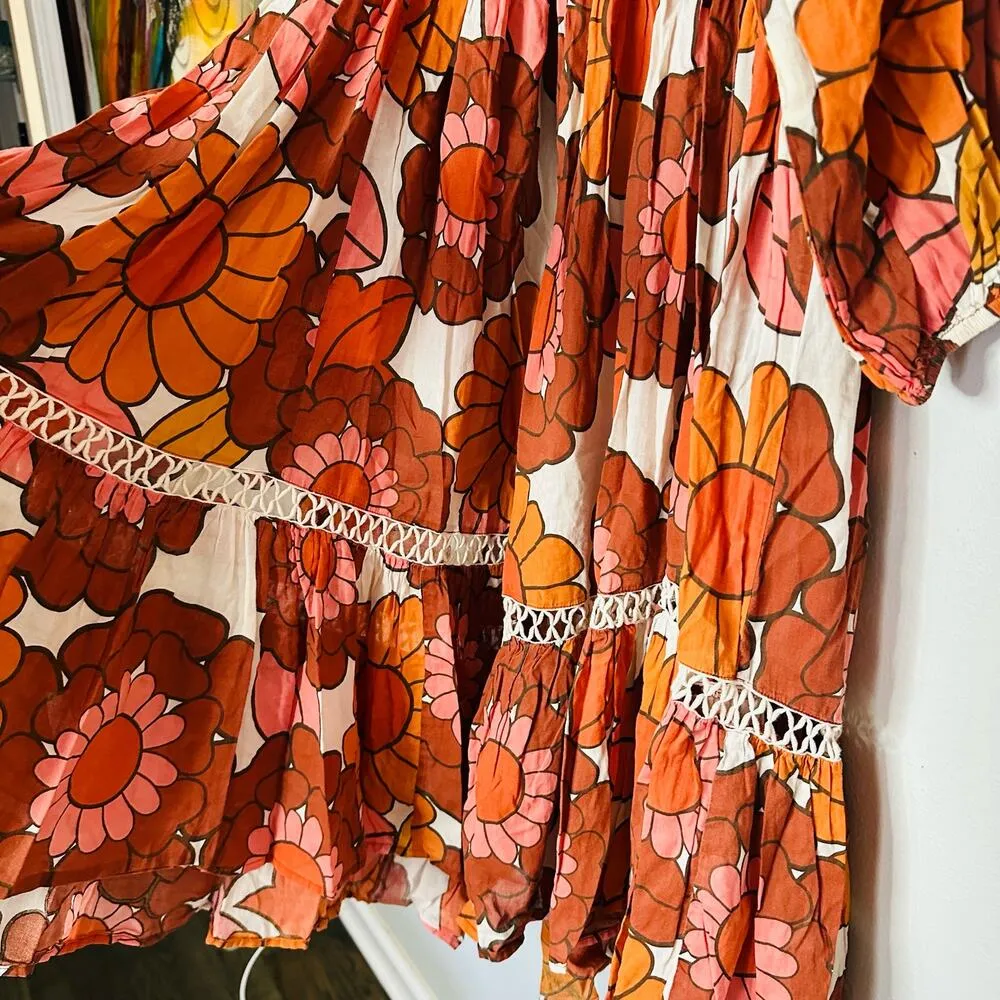 DODO BAR OR Nell Burnt Orange White Floral Lace Cutout Oversized Dress Size S - Image 7