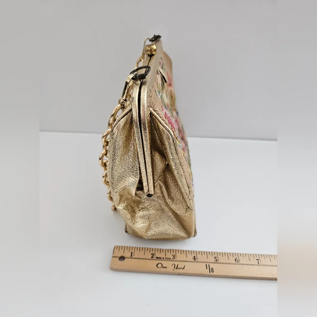 Soure Bag New York Needlepoint Embroidered Flower Gold Handbag Tan - Image 11