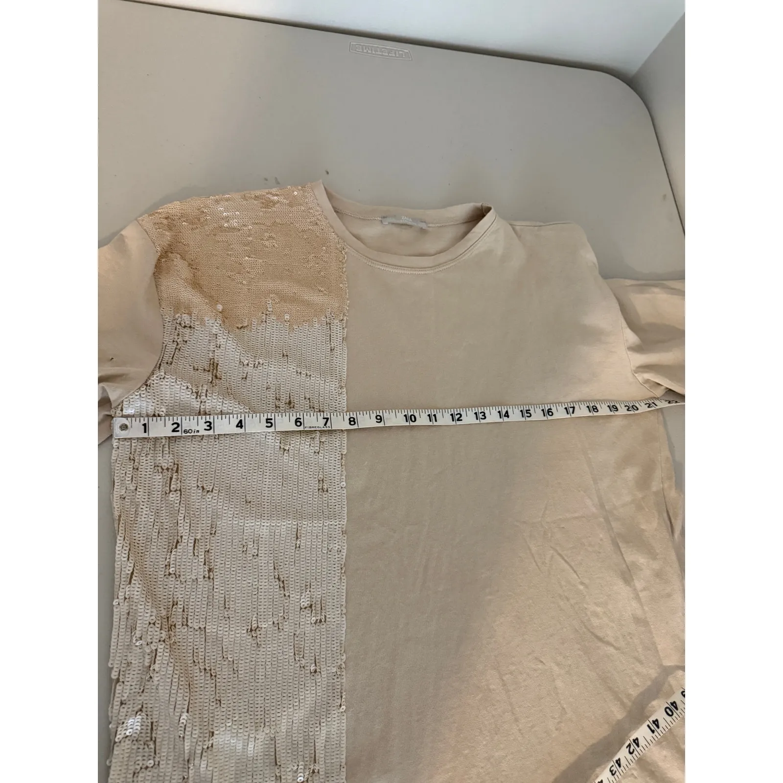 Zara Cream 100% Cotton Western Country Long Sequin Fringe Tee Shirt Top Blouse S - Image 7