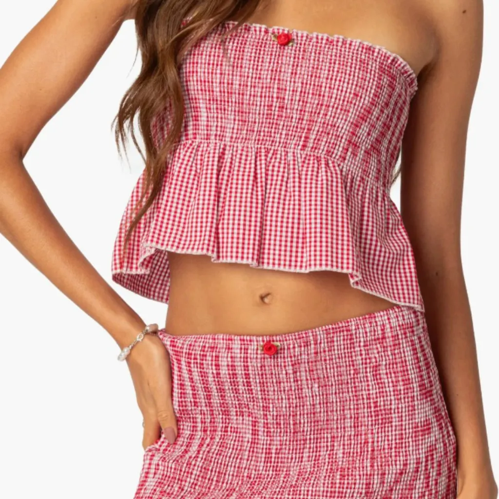 Edikted smocked cotton gingham tube top red white coquette festival size small - Image 2
