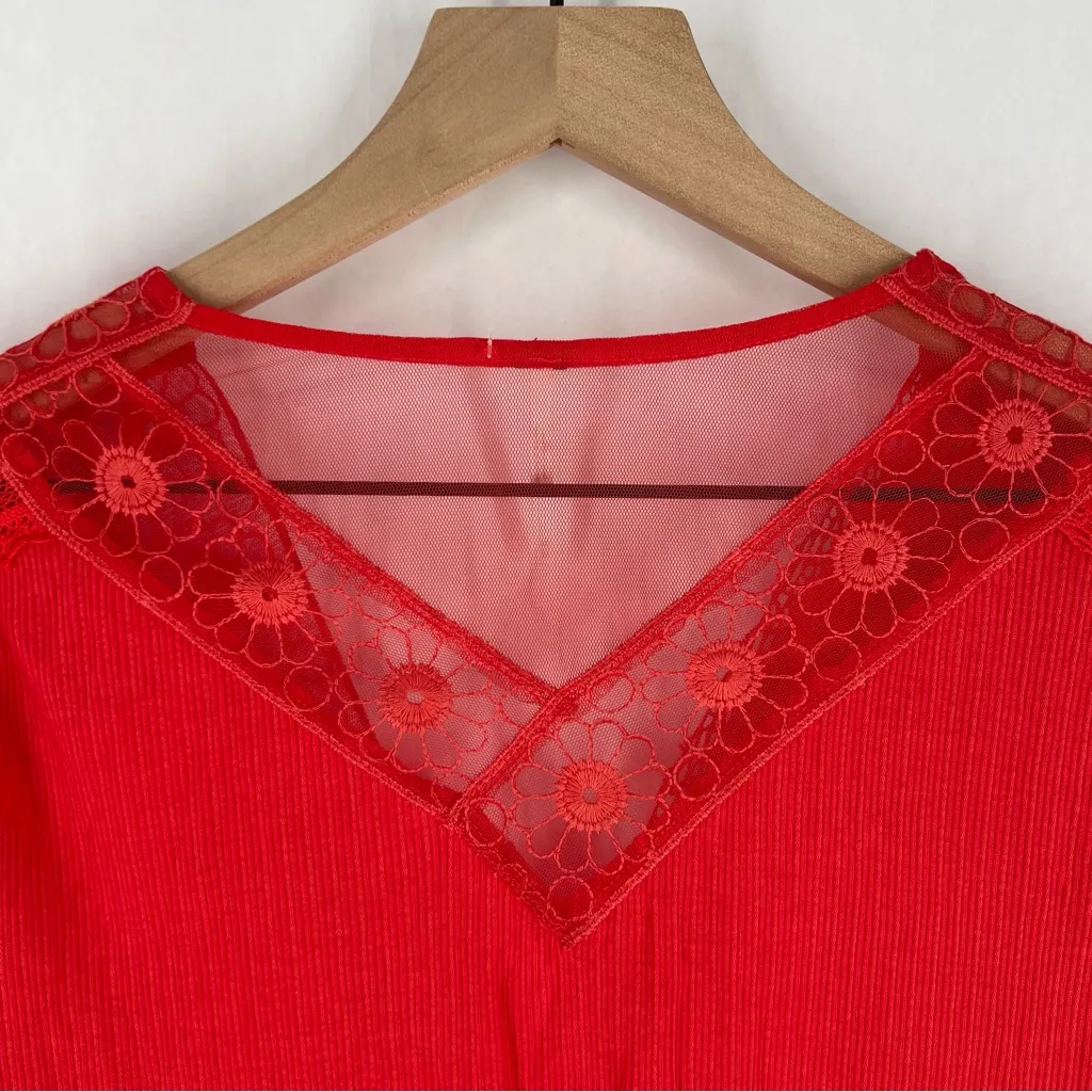 Free People Vibrant Red Ribbed Lace‎ Trimmed Dolman Sleeve Blouse Size M - Image 10