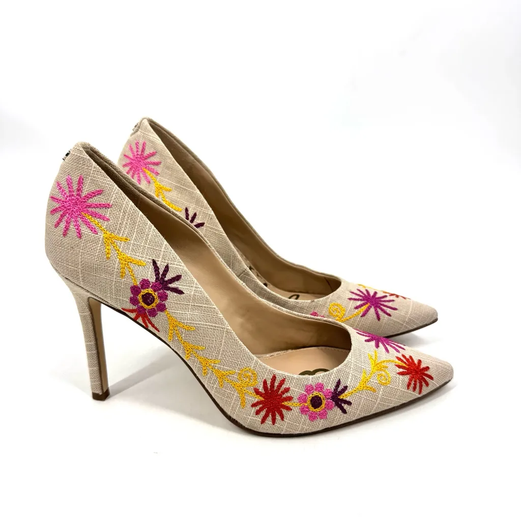 Sam Edelman Natural Embroidered Linen Hazel Pointed Toe Stiletto Pumps - Image 2