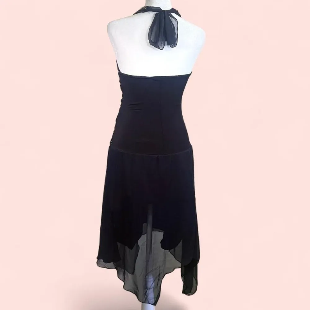 Vtg Y2K HotKiss Size M Asymmetrical Beaded‎ Halter Black Dress Stretch Slip On - Image 4