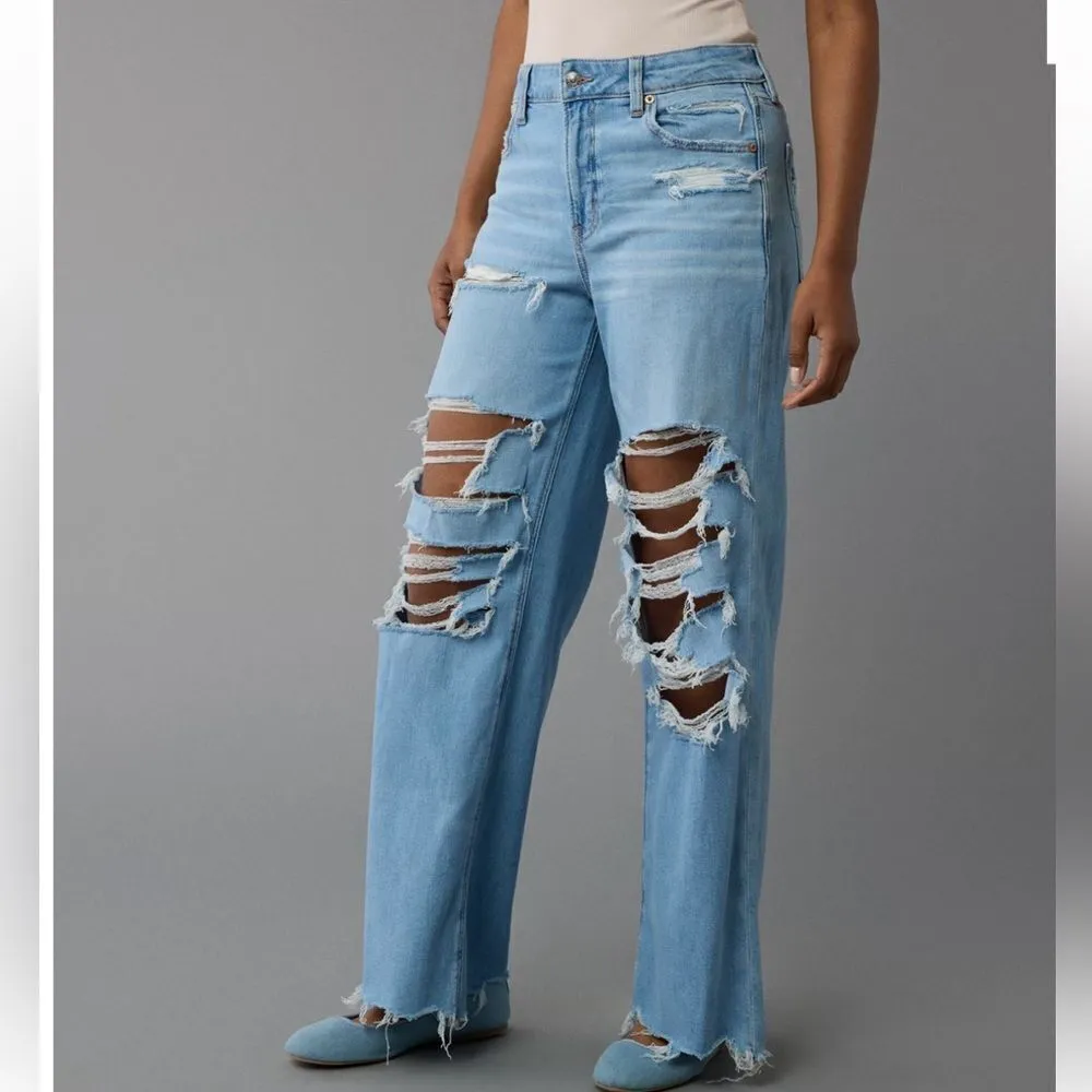 American Eagle Blue Distressed Super High Wide Leg Jeans(Size 2) - Image 2