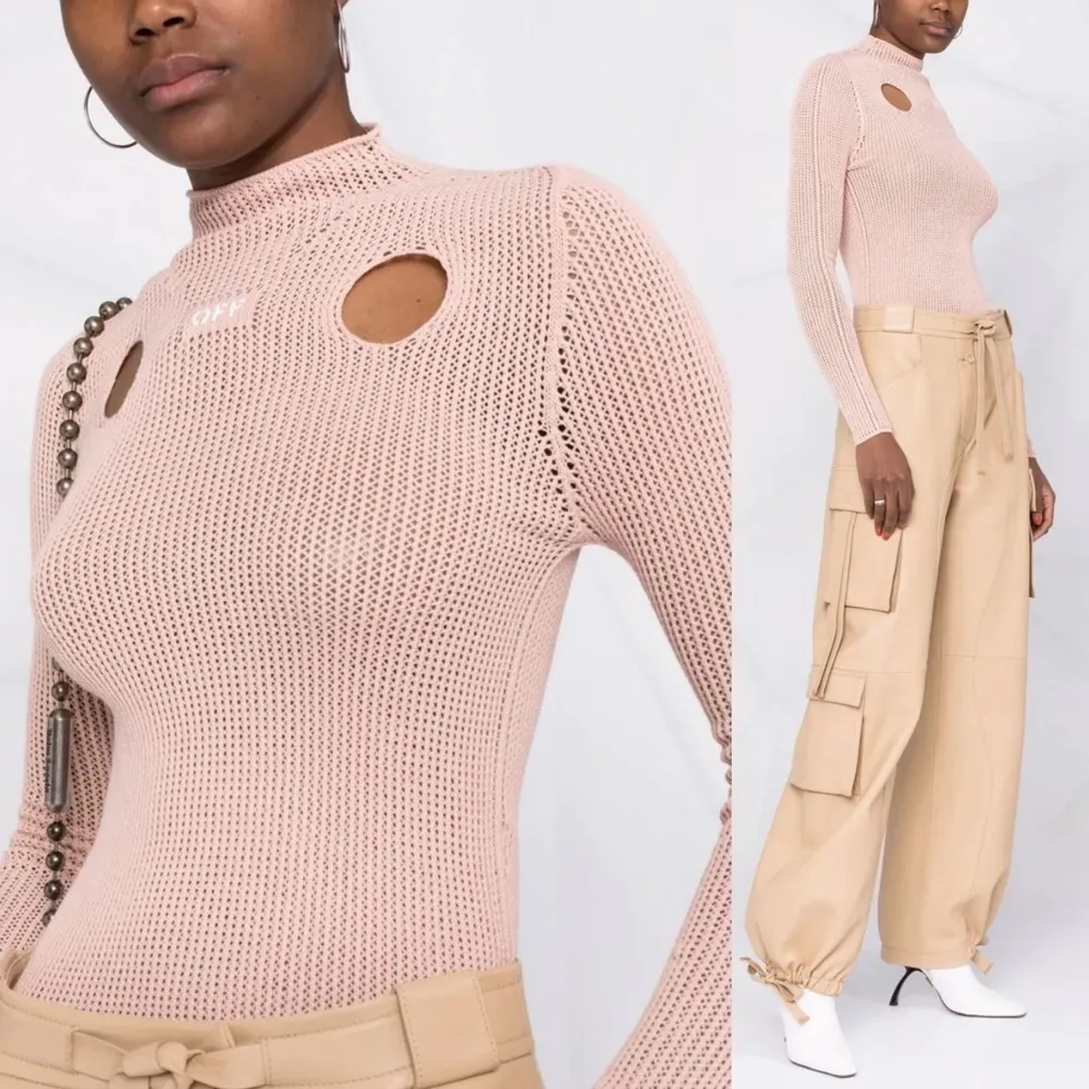 OFF-WHITE Holy Cutout Ribbed Long Sleeve Mock Neck Sweater In Nude - Image 4