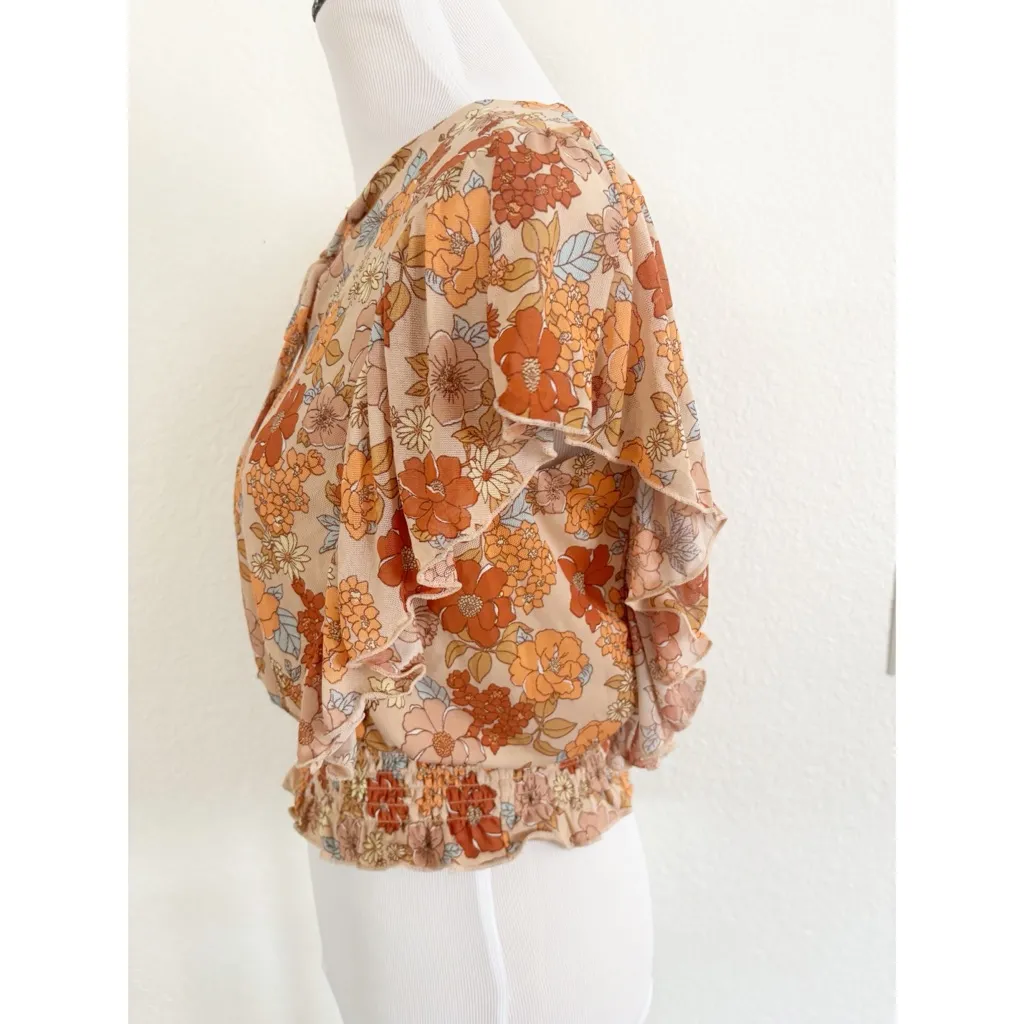 Floral Ruffle Sleeve Blouse in Orange and Cream Size M - Image 2