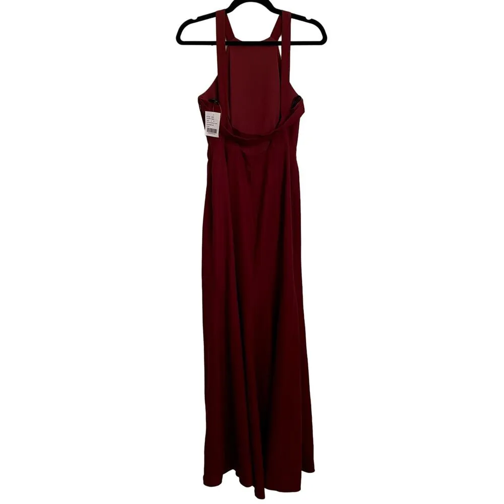 NWT Dessy Collection High Neck Backless Crepe Trumpet Gown in Burgundy 3039 Red Size 4 - Image 4
