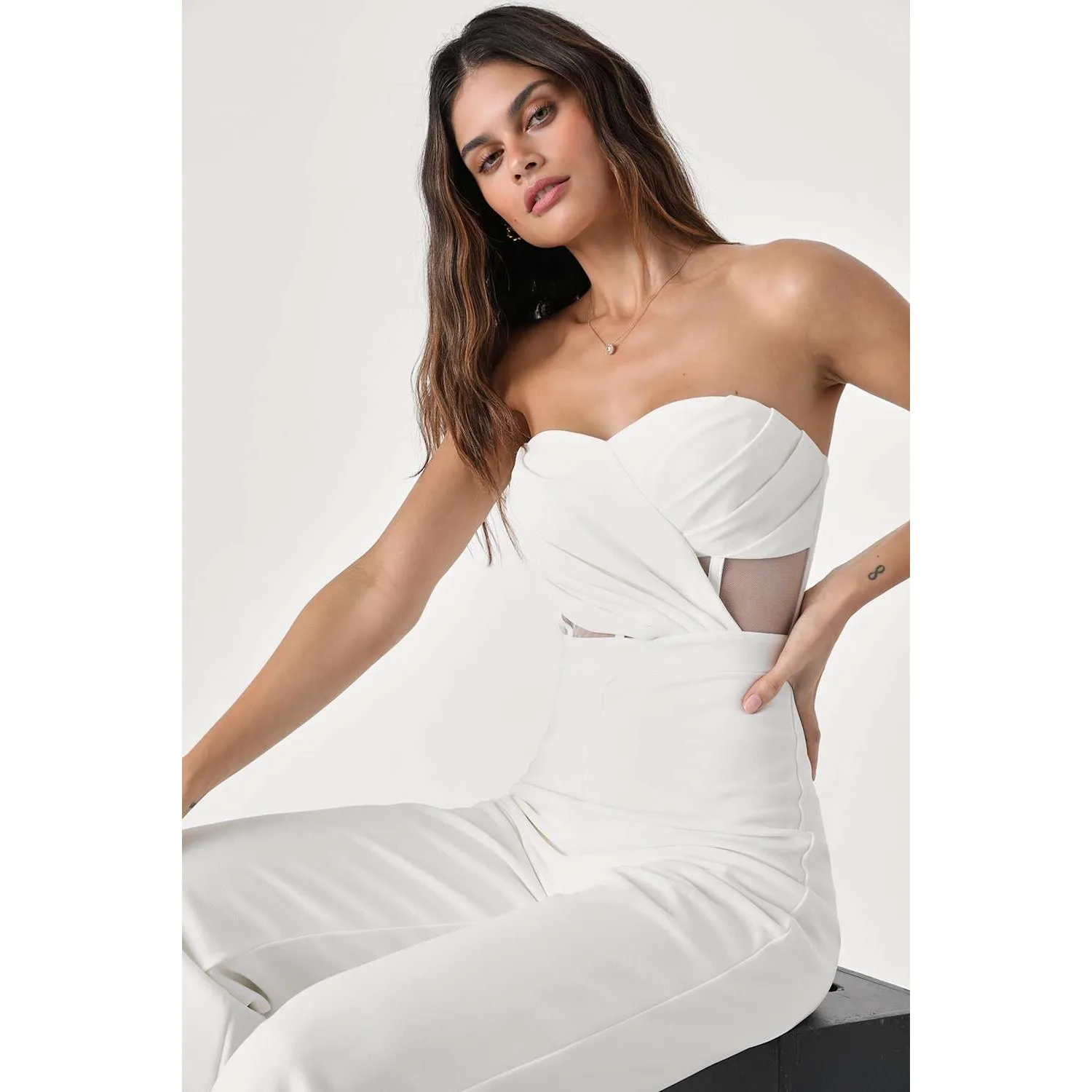 NWT Lulus Surely Stunning Ivory Strapless Bustier Jumpsuit Cut Out Elegant Sz S - Image 3