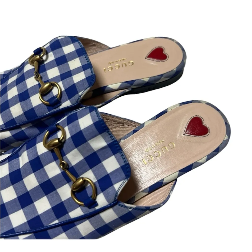 Gucci Vintage Princetown Horsebit Mules White Blue Plaid Gingham Sz 36.5 - Image 3