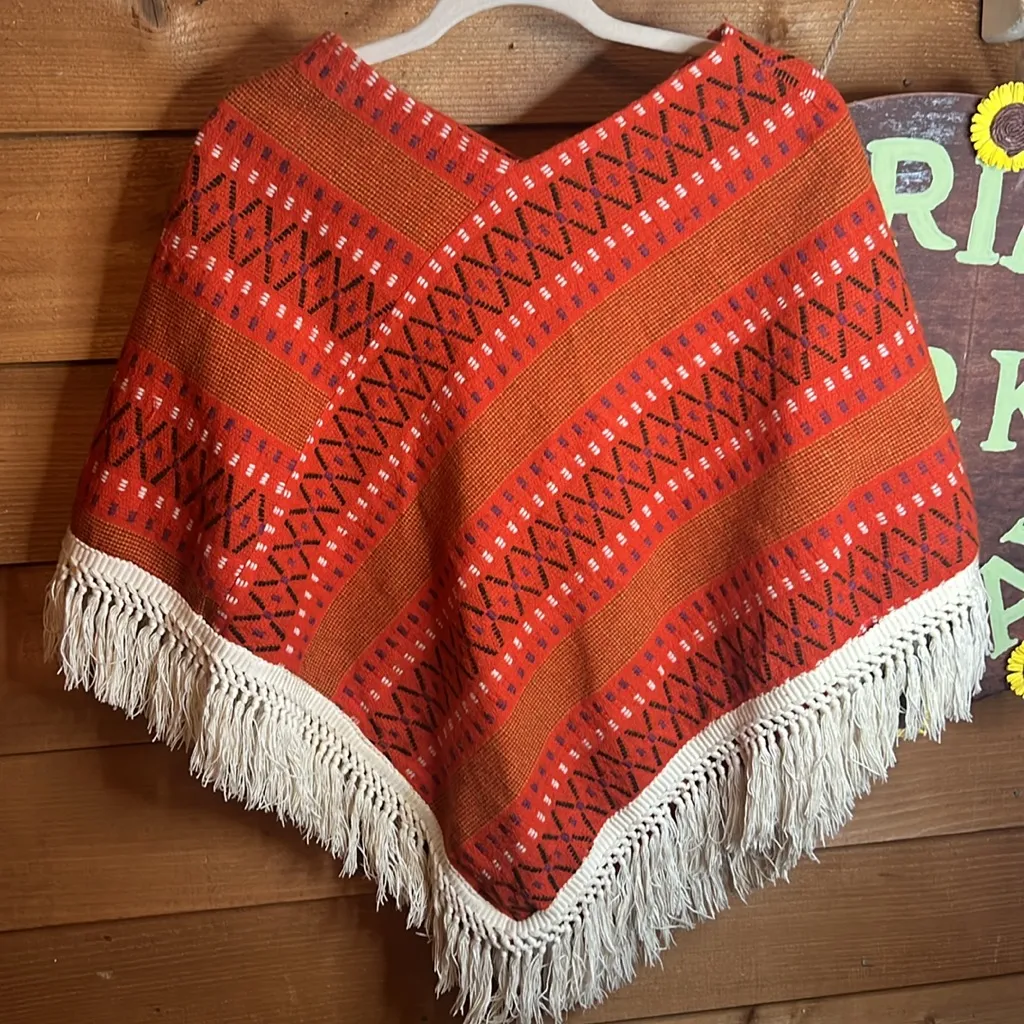 Handmade Southwestern Tapestry Fringe Poncho Orange Cowgirl Western Aztec OSFM - Image 3