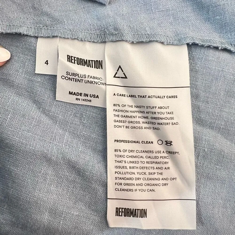 Reformation button down mini denim dress with white fringed off the shoulder nec - Image 9