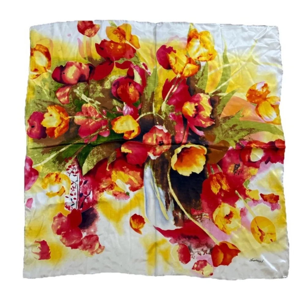 Vintage Angelique L. Paris 100% Silk Rolled Hem Floral Square Scarf 33”X 34” Red - Image 2