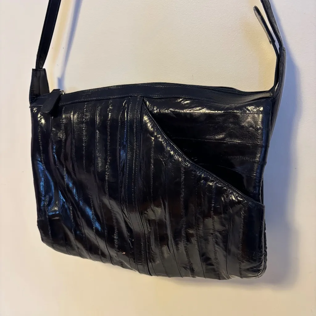 Lee Sands Eel Skin Zip Shoulder Crossbody Satchel Bag Purse Black 12” x 11” - Image 3