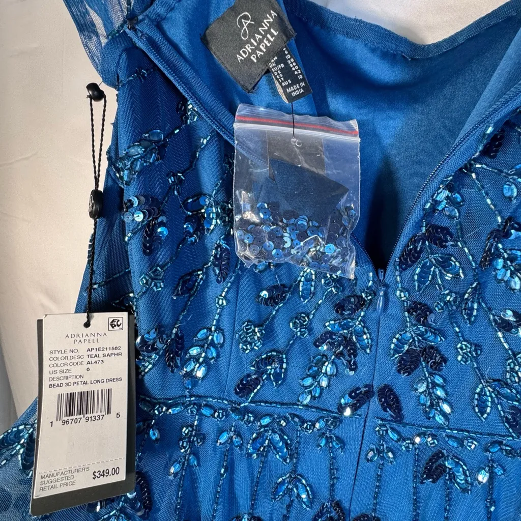 NWT Adrianna Papell Beaded 3D Petal Short Sleeve Gown Teal Blue Dress Sz 6 - Image 8