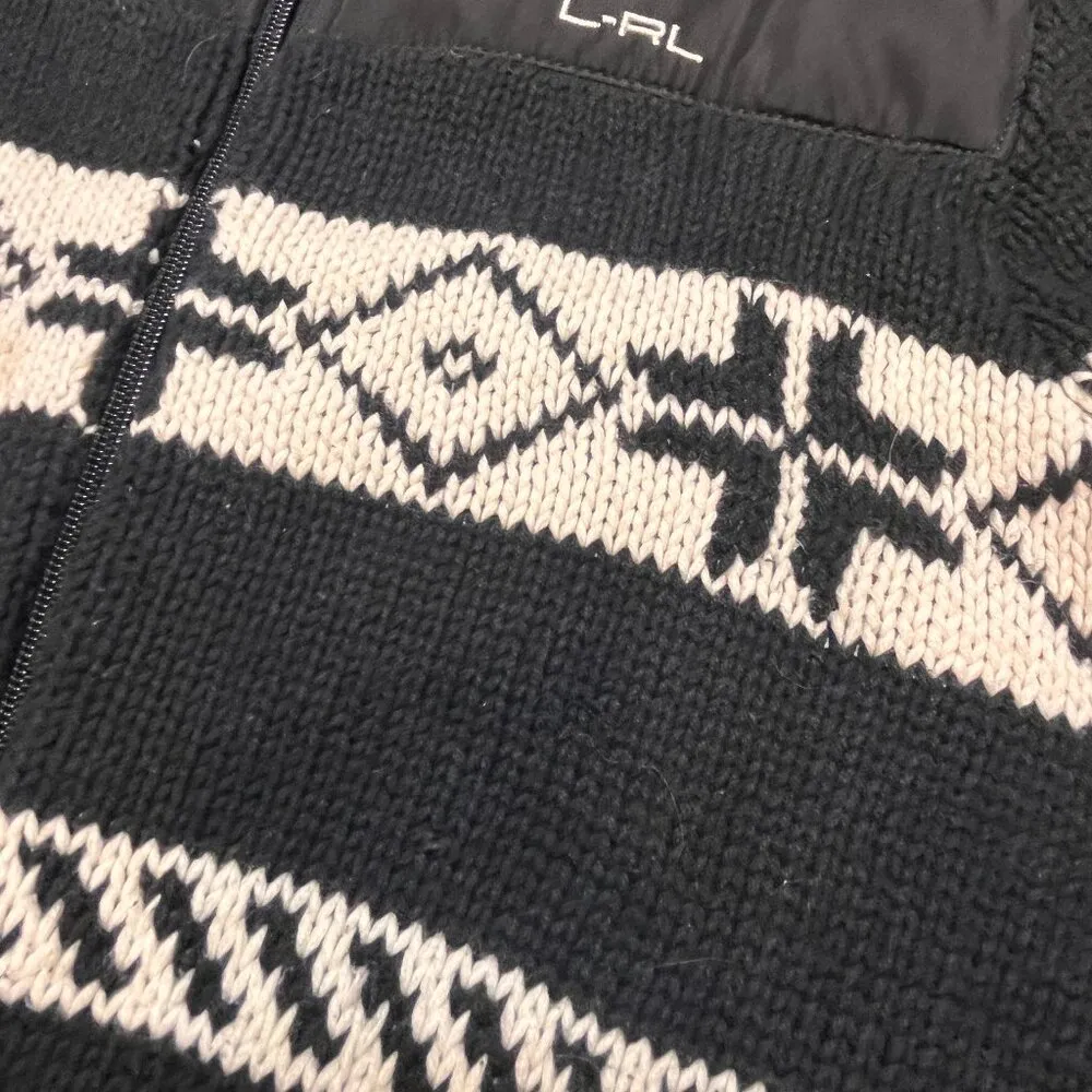 Ralph Lauren M Black & White Scandinavian Fair Isle Knit & Nylon Sweater Jacket Size M - Image 5