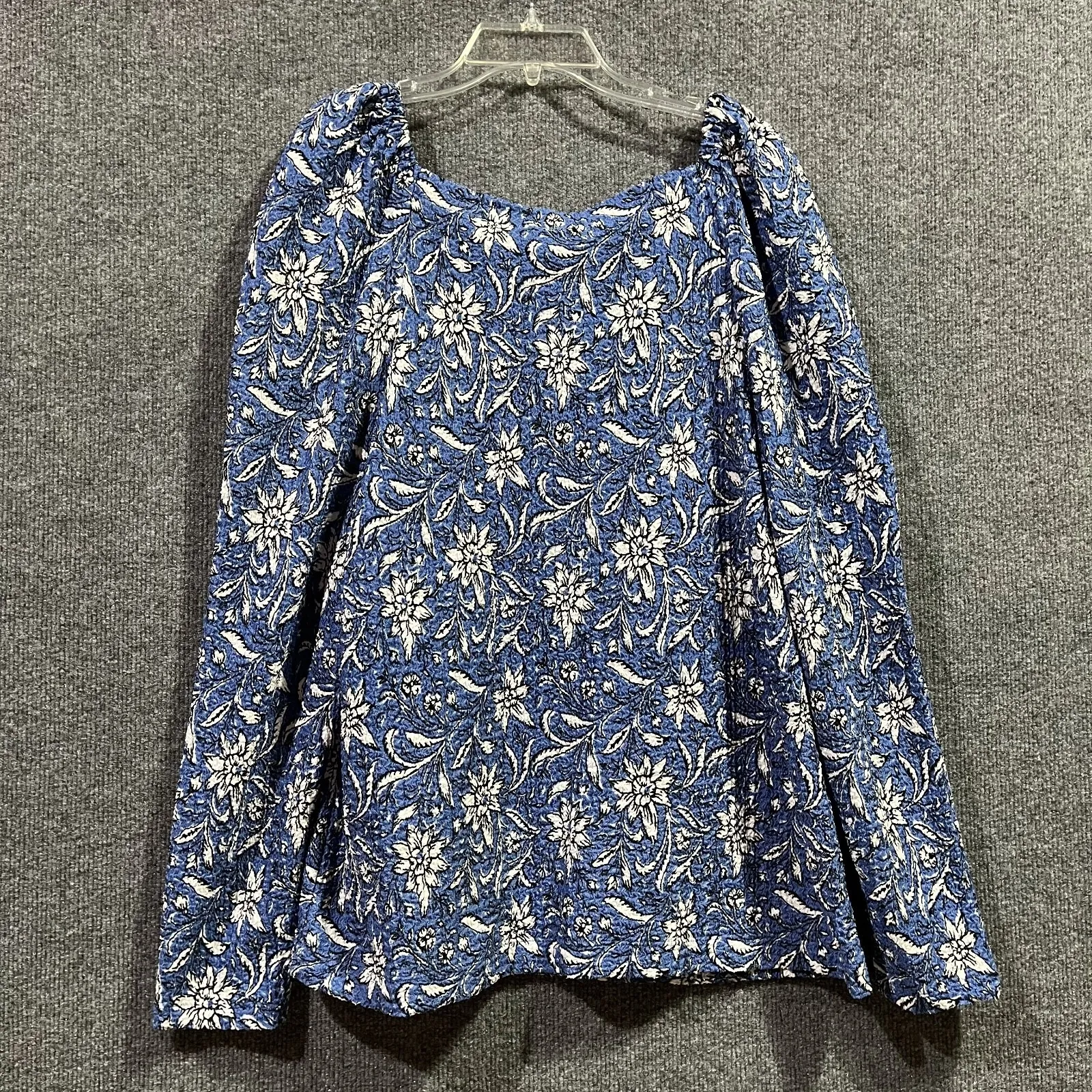 Loft Top Womens XL Blue Floral Stretch Square Neck Puff Sleeve Smocked Front - Image 7