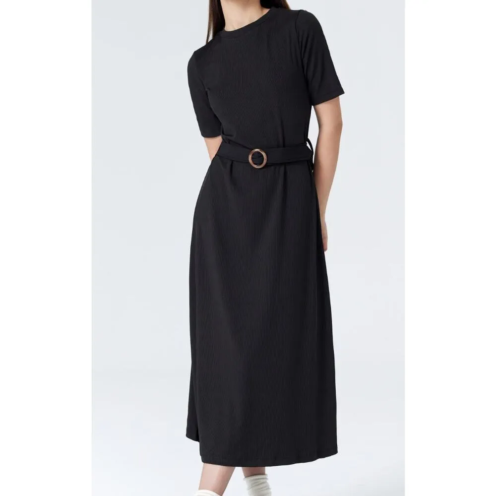 Cider Solid Belted Knitted Midi Dress in Grey - Image 5