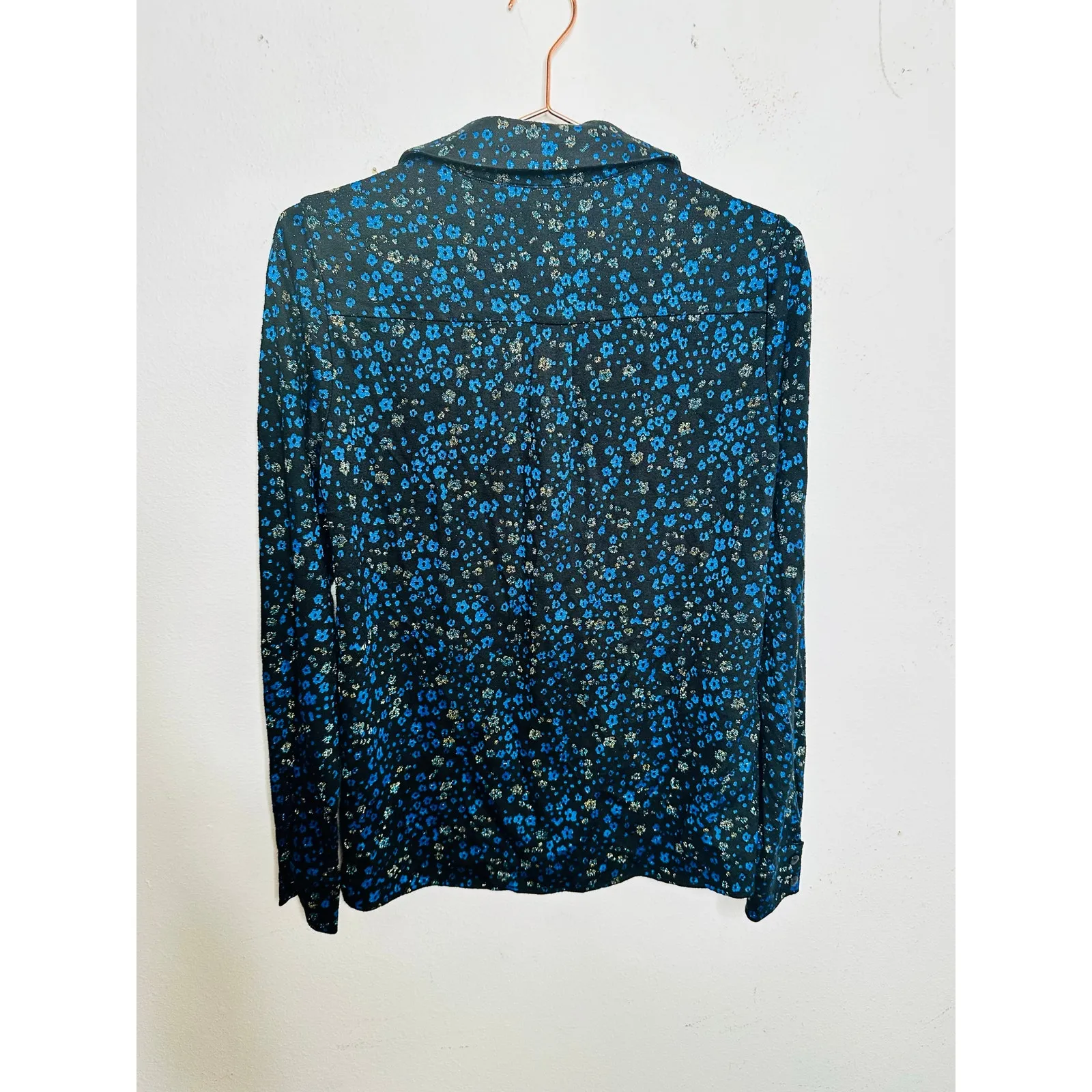 STINE GOYA Black Blue Metallic Button Front Floral Lucian Long Sleeve Top sz XS - Image 4