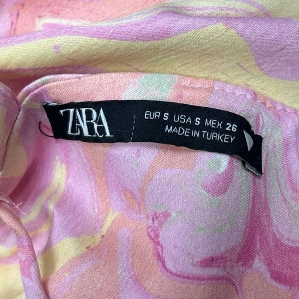 Zara Pink Yellow Satin Marble Tie Dye Open Tie Back Brami Cropped Tank Top Sz S - Image 7