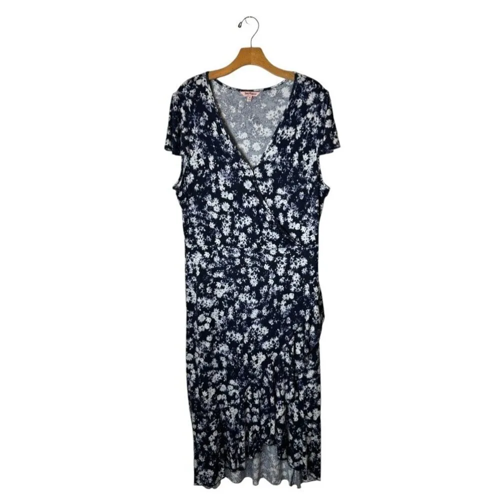 Juicy Couture Dress Women XL Blue White Floral Print Faux Wrap Midi Retro Boho‎ - Image 2
