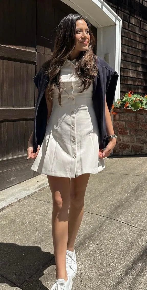 Zara mini dress pleated skirt collar button up ivory casual classic old money - Image 10