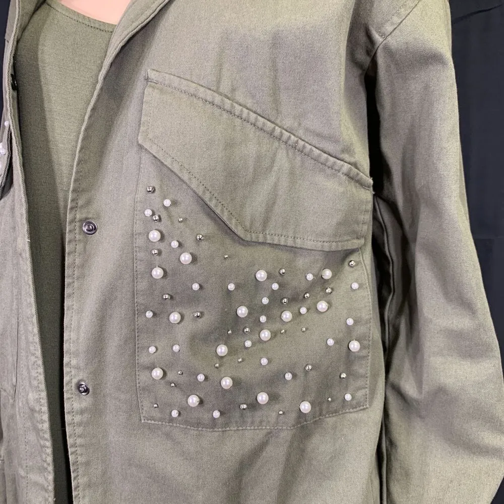 Maurices Womens Utility Cargo Jacket Feminine Pearl Bead Accent Green Medium - Image 8