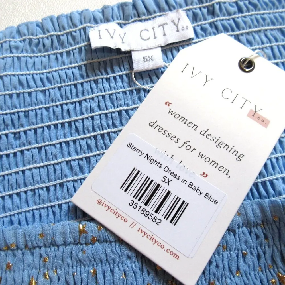 NWT Ivy City Co Starry Nights Midi Baby Blue Gold Smocked Puff Sleeve Dress 5X - Image 4