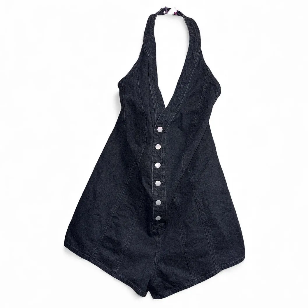 Universal Thread Black Denim Button Halter Romper size 17 - Image 3
