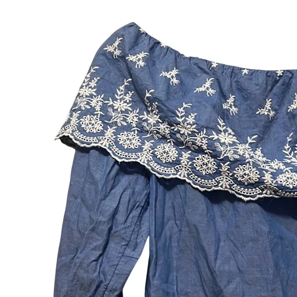 Studio‎ 19 Womens Embroidered Off Shoulder Chambray Top Blouse XS Blue - Image 3