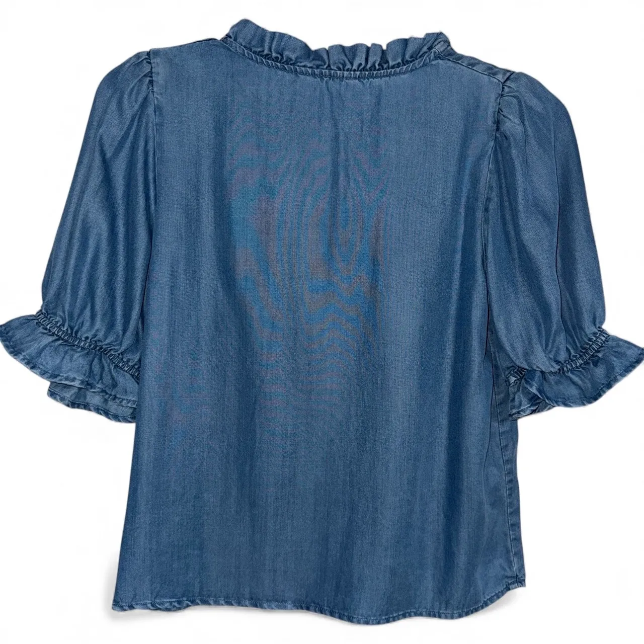 Draper James RSVP Denim Chambray Ruffle V Neck 3/4 Sleeve Blouse Top S‎ Blue - Image 4