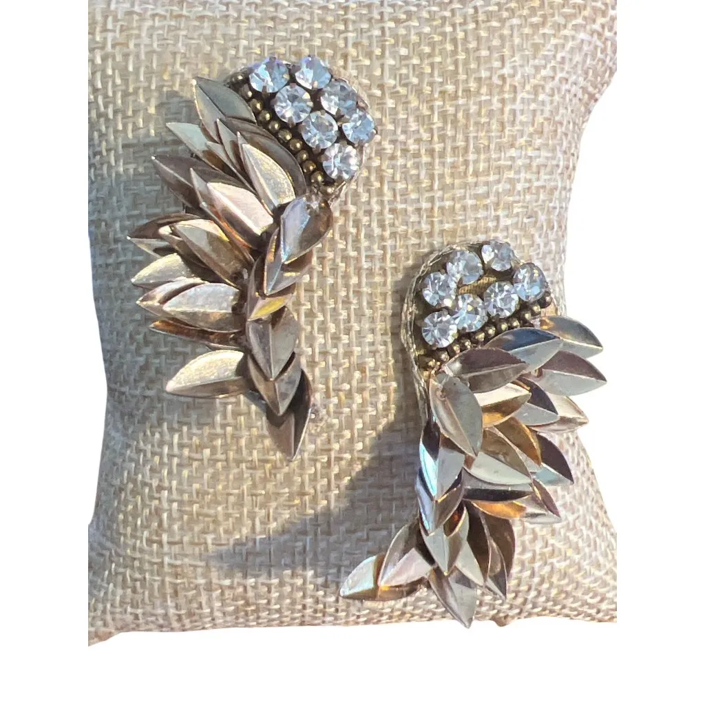 Vtg Rhinestone Leaf Cluster Statement Earrings Gold Metallic Ear Crawler Estate - Image 2