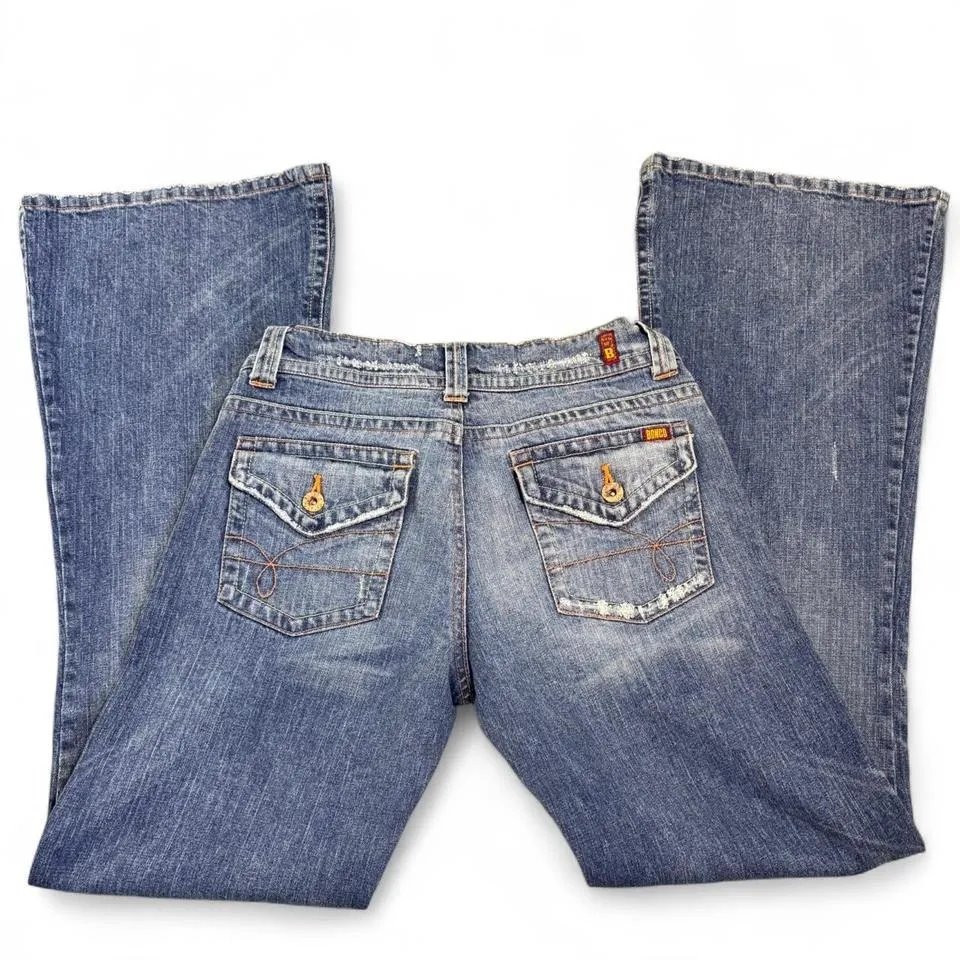 Vintage Y2K Bongo Womens Sz 9 Mid Rise Flare Distressed Blue Denim Jeans Buttons - Image 2