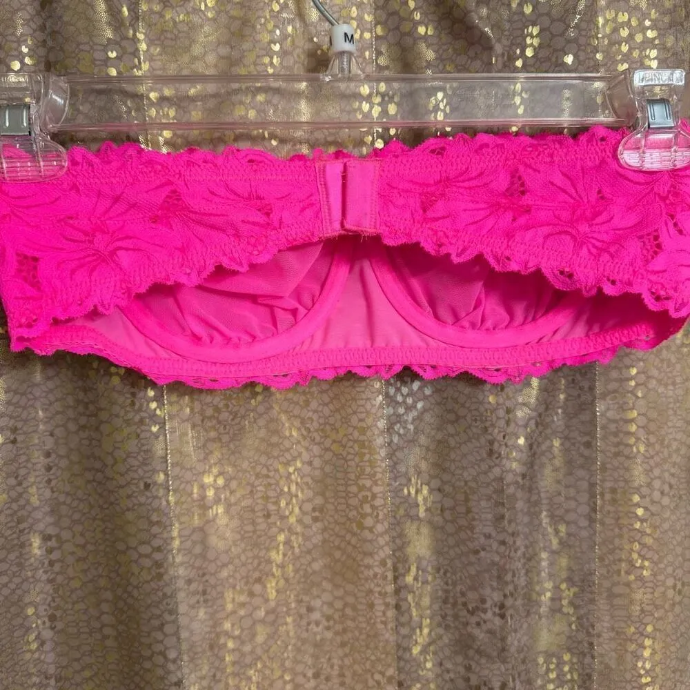 Aerie Real Power Beach Days Lace Unlined Bandeau Bra Neon Hot Pink 36B - Image 2