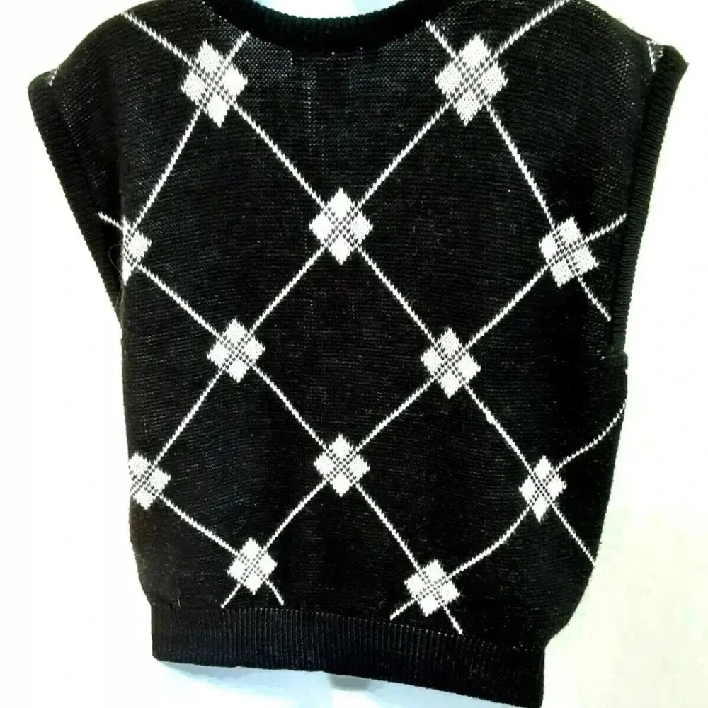 Loubella Vintage 80's Knit Vest Women Size L Diamonds pattern Black White Size L - Image 4