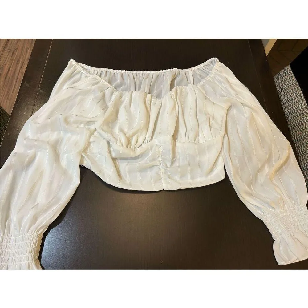 NEW Off The Shoulder Puff Sleeve Blouse Chiffon Crop Top XL White - Image 6