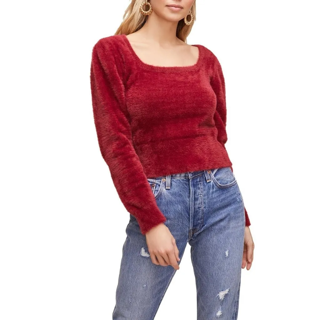 Astr The Label Red Red Fuzzy Super Soft Puff Sleeve Sweater M - Image 2