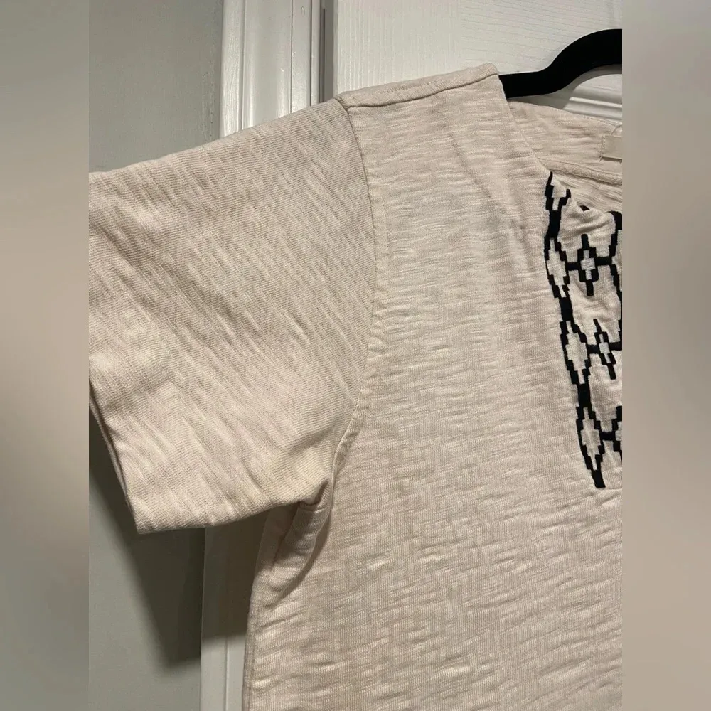 Madewell Cream Cotton Black Embroidered V Neck Short Sleeve Split Hem Top Size S - Image 6