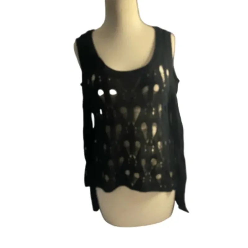 Boho Gothic Punk Open Knit Crochet Long Sleeve Cold Shoulder Top Lush Black S - Image 2