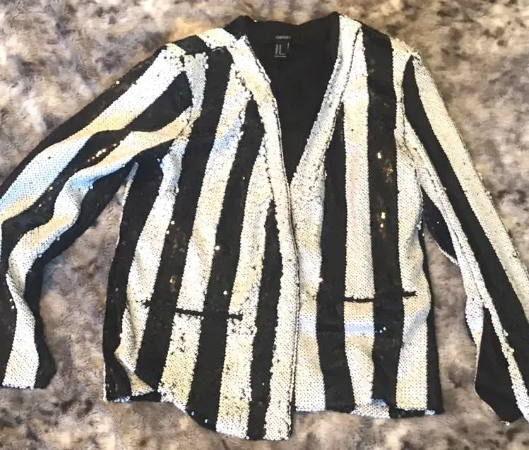 Forever 21 Black And White Striped Sequin Blazer - Image 2