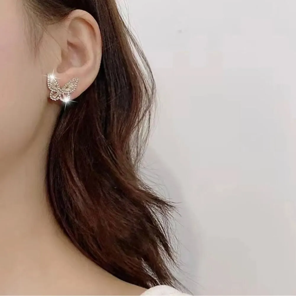 14k Gold Plated Elegant Butterfly Desing Crystal Stud Earrings Rhinestone Inlay - Image 3