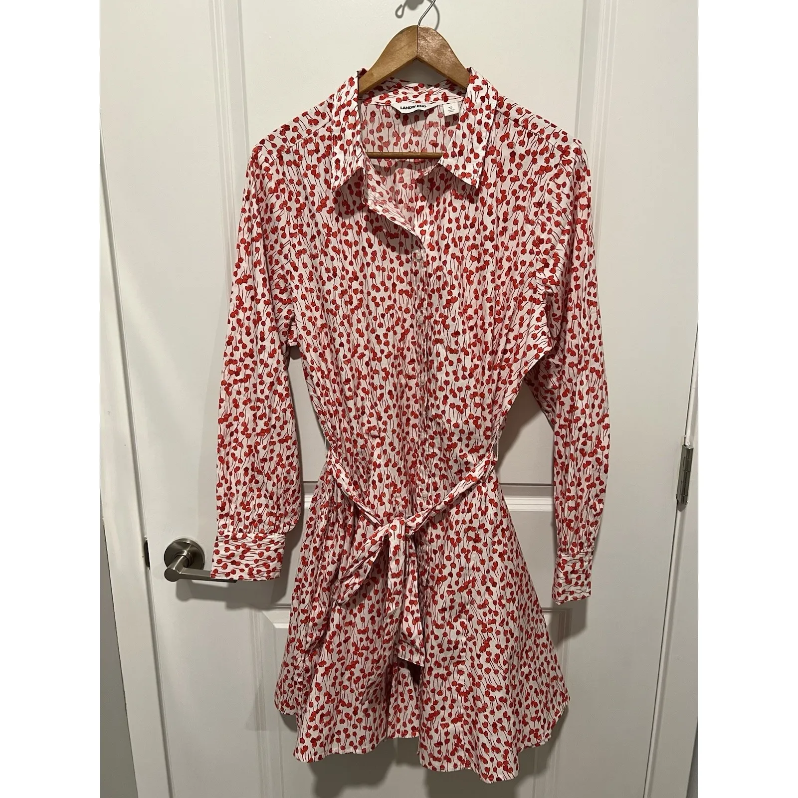 Lands End Womens Poplin Button Front Dress Godets White/Red Painted Posies XL - Image 4